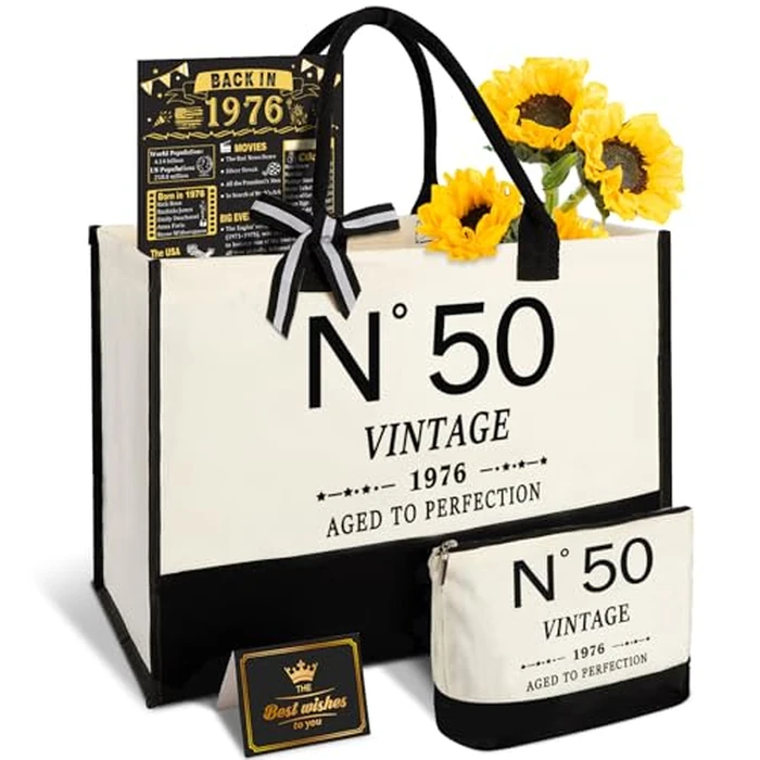 YeohJoy 50th Birthday Gifts for Women Canvas Tote Bag Travel Gear, Unique 50 Years Old Gifts for Wife Sister Mom Aunt Friends Her, Vintage N degrees50 Beach Bag & Cosmetic Bag & Back in 1976 Poster by YeohJoy - Used - Very Good condition