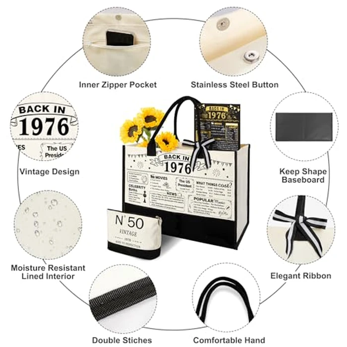 YeohJoy 50th Birthday Gifts for Women Canvas Tote Bag Travel Gear, Unique 50 Years Old Gifts for Wife Sister Mom Aunt Friends Her, Vintage N degrees50 Beach Bag & Cosmetic Bag & Back in 1976 Poster by YeohJoy - Image 3
