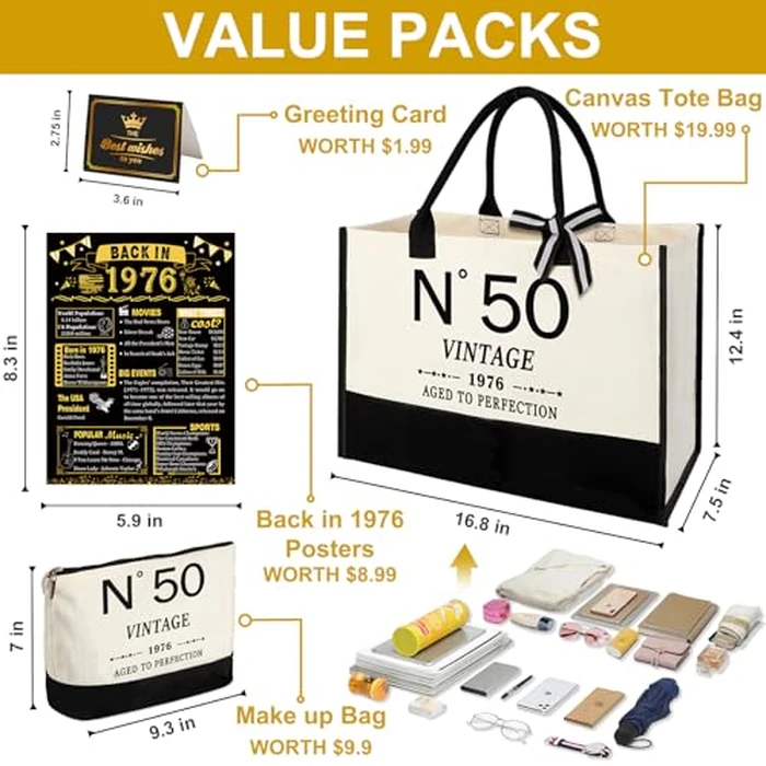 YeohJoy 50th Birthday Gifts for Women Canvas Tote Bag Travel Gear, Unique 50 Years Old Gifts for Wife Sister Mom Aunt Friends Her, Vintage N degrees50 Beach Bag & Cosmetic Bag & Back in 1976 Poster by YeohJoy - Image 5