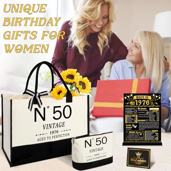 YeohJoy 50th Birthday Gifts for Women Canvas Tote Bag Travel Gear, Unique 50 Years Old Gifts for Wife Sister Mom Aunt Friends Her, Vintage N degrees50 Beach Bag & Cosmetic Bag & Back in 1976 Poster by YeohJoy - Image 7