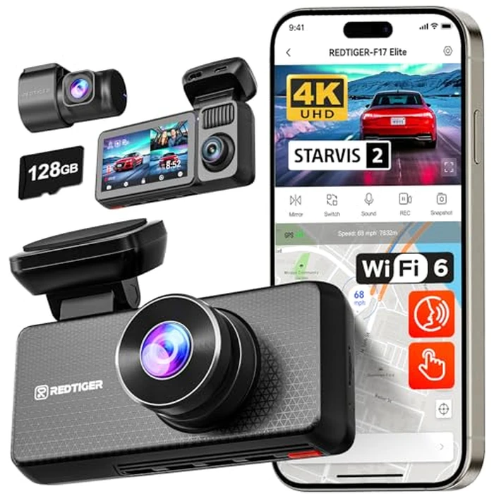REDTIGER F17 Elite 4K Dash Cam 3 Channel, STARVIS 2 IMX678 & IMX675, 128GB Card, Full Night Color, 4K+2.5K+1080P Front and Rear Inside, Voice Control, 5GHz WiFi-30MB/s Download, GPS, HDR, Parking Mode by REDTIGER - Used - Good condition - CA$269.99