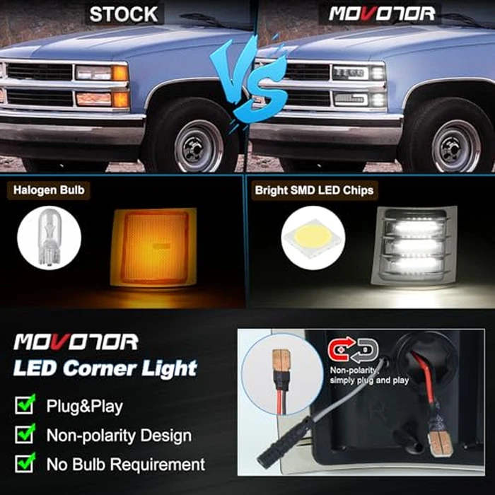 MOVOTOR LED Side Marker Light Assembly with White Sequential Turn Signal LED Front Corner Lights Compatible with 1994-1998 Chevy C/K 1500 2500 3500 C10 Silverado Tahoe Suburban(NOT FIT for GMC) by MOVOTOR - Image 3