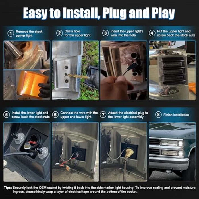 MOVOTOR LED Side Marker Light Assembly with White Sequential Turn Signal LED Front Corner Lights Compatible with 1994-1998 Chevy C/K 1500 2500 3500 C10 Silverado Tahoe Suburban(NOT FIT for GMC) by MOVOTOR - Image 8