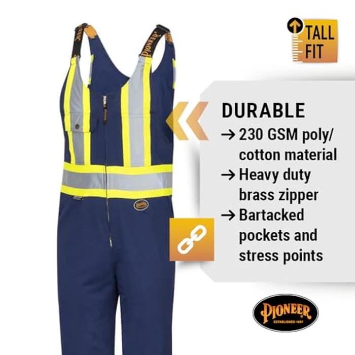 Pioneer Hi Vis Safety Overalls for Men - For Construction, Traffic, Sanitation - Class 2 - 7 Pockets - Navy Blue - Tall Fit by Pioneer - Image 2