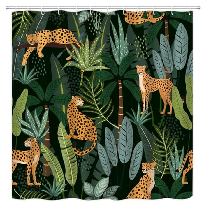 Leopard Palm Leaves Shower Curtain Cheetah Tropical Jungle Wildlife Animal Tiger Big Cat Boho Minimalist Modern Fabric Bathroom Decor Curtain with Hooks 70" Wx70 H by VPUPCN - Image 1