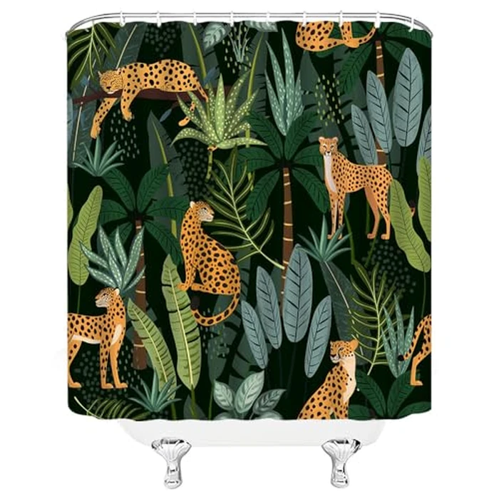 Leopard Palm Leaves Shower Curtain Cheetah Tropical Jungle Wildlife Animal Tiger Big Cat Boho Minimalist Modern Fabric Bathroom Decor Curtain with Hooks 70" Wx70 H by VPUPCN - Image 4