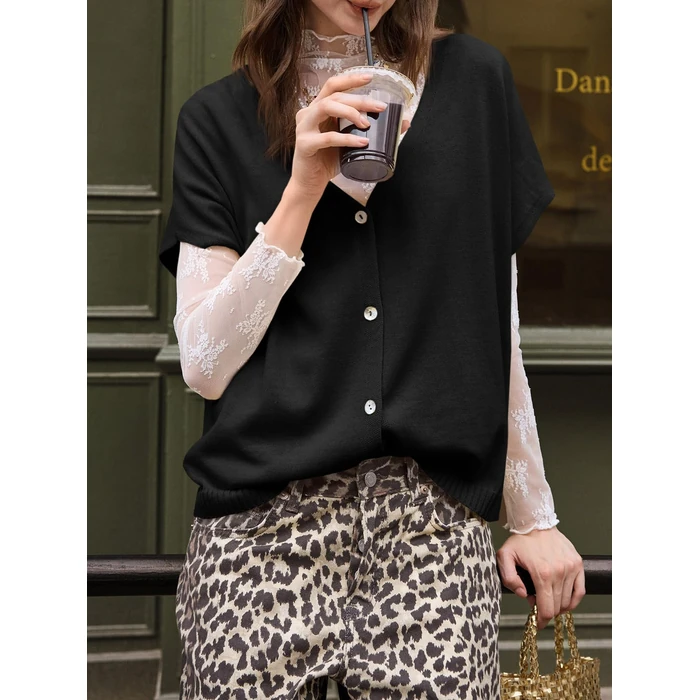 Saodimallsu Womens Spring Oversized Cardigans Batwing Short Sleeve Lightweight Button V Neck Casual Knit Sweater Tops Black by Saodimallsu - Image 2