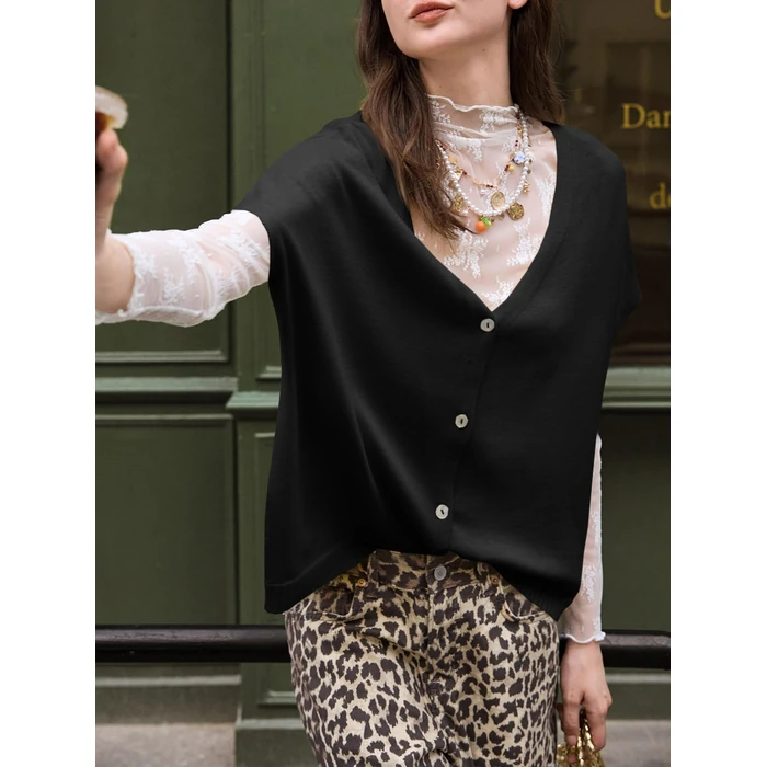 Saodimallsu Womens Spring Oversized Cardigans Batwing Short Sleeve Lightweight Button V Neck Casual Knit Sweater Tops Black by Saodimallsu - Image 3