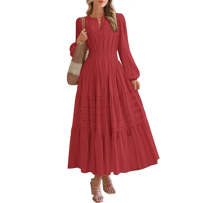 BTFBM Spring Dresses for Women 2026 Casual Long Sleeve V Neck Elastic Waist Lightweight Maxi Wedding Guest Dress Pockets(Red, Large) by BTFBM - Used - Like New condition