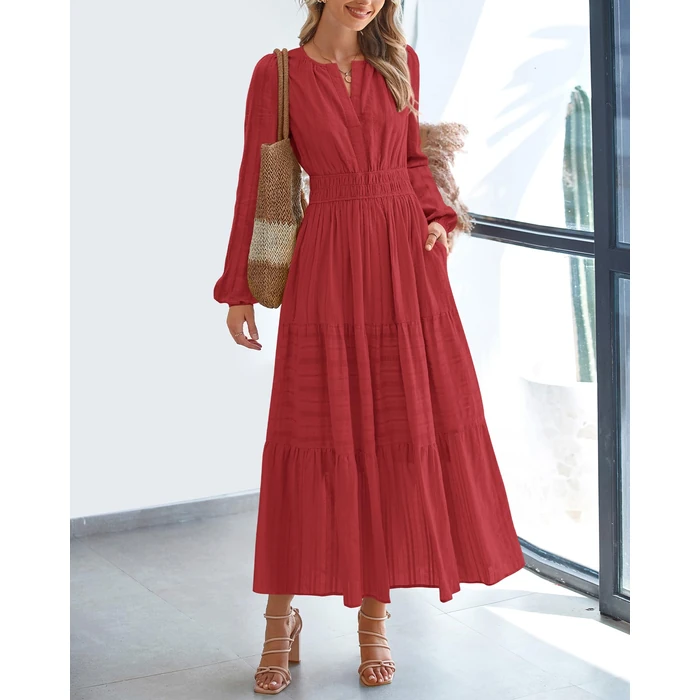 BTFBM Spring Dresses for Women 2026 Casual Long Sleeve V Neck Elastic Waist Lightweight Maxi Wedding Guest Dress Pockets(Red, Large) by BTFBM - Image 2