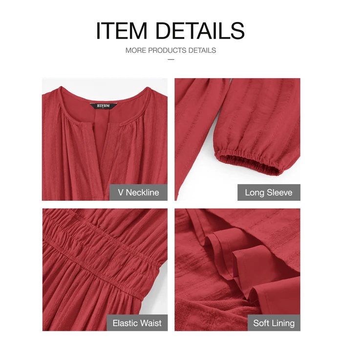 BTFBM Spring Dresses for Women 2026 Casual Long Sleeve V Neck Elastic Waist Lightweight Maxi Wedding Guest Dress Pockets(Red, Large) by BTFBM - Image 4