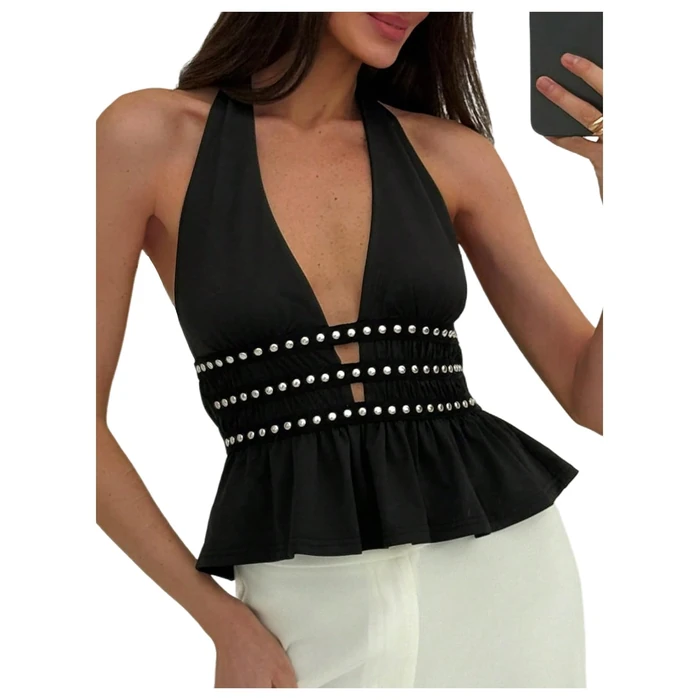 Verdusa Sexy Going Out Tops for Women Y2k Beaded Halter Tops Ruffle Rave Music Festival Outfits Black Large by Verdusa - Used - Like New condition