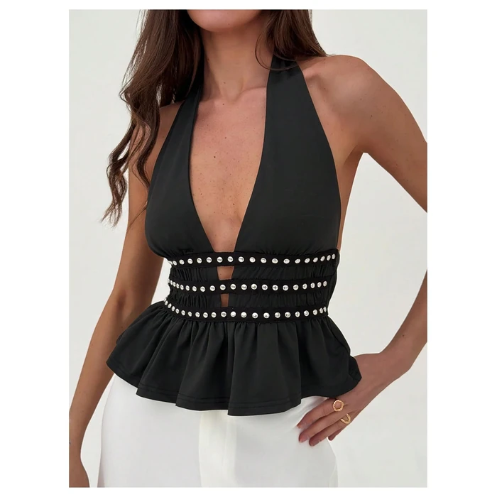 Verdusa Sexy Going Out Tops for Women Y2k Beaded Halter Tops Ruffle Rave Music Festival Outfits Black Large by Verdusa - Image 3