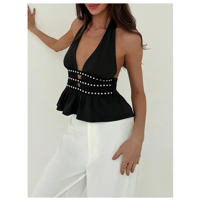 Verdusa Sexy Going Out Tops for Women Y2k Beaded Halter Tops Ruffle Rave Music Festival Outfits Black Large by Verdusa - Image 5