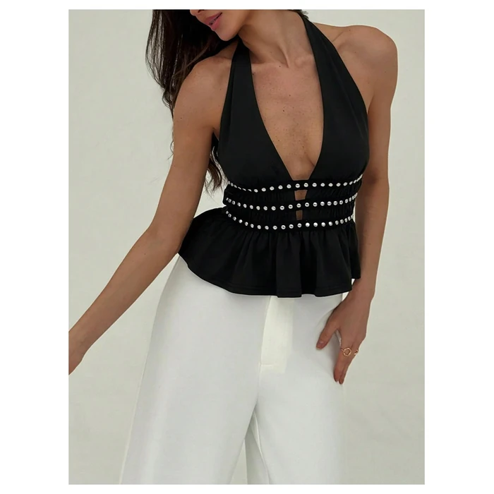 Verdusa Sexy Going Out Tops for Women Y2k Beaded Halter Tops Ruffle Rave Music Festival Outfits Black Large by Verdusa - Image 6