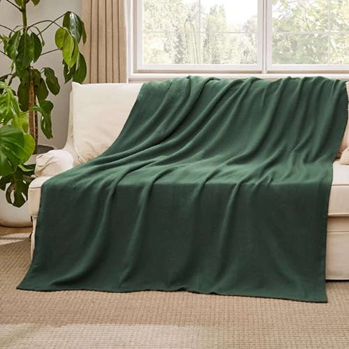Bedsure GentleSoft 100% Cotton Large Throw Blanket for Couch 50x70 inches - Breathable and Lightweight, Soft Cozy Herringbone Woven Cotton Throw for Summer, Dark Green Office Chair Blanket by Bedsure - Image 4