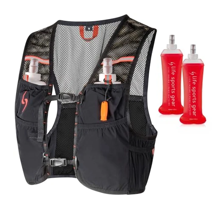 Life-Sport Gear Torrent Hydration Vest 2.5 Liters Capacity- Ultralight & Breathable - Adjustable - 7 Pockets - Reflective - Included 2 Soft Flasks (16oz/450ml) (Black / RED, Medium) by LIFE-SPORTS GEAR - Used - Acceptable condition - CA$35.49