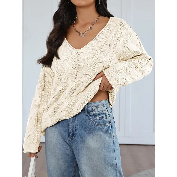 Trendy Queen Oversized Cozy V Neck Sweaters Cable Knit Cotton Chunky Pullover Cute Winter Off Shoulder 2025 Fall Fashion Old Money Plus Size Clothes Outfits Cream XL by Trendy Queen - Image 3
