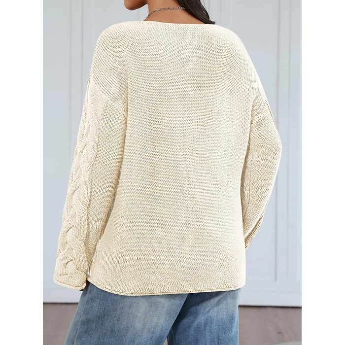 Trendy Queen Oversized Cozy V Neck Sweaters Cable Knit Cotton Chunky Pullover Cute Winter Off Shoulder 2025 Fall Fashion Old Money Plus Size Clothes Outfits Cream XL by Trendy Queen - Image 4