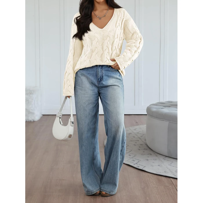 Trendy Queen Oversized Cozy V Neck Sweaters Cable Knit Cotton Chunky Pullover Cute Winter Off Shoulder 2025 Fall Fashion Old Money Plus Size Clothes Outfits Cream XL by Trendy Queen - Image 6