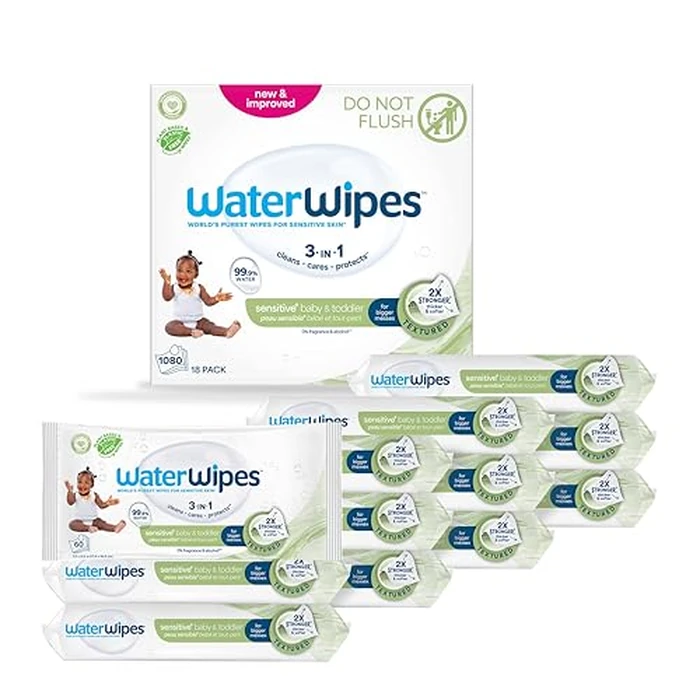 WaterWipes Sensitive+ Baby & Toddler Wipes, 3-In-1 Cleans, Cares, Protects, 99.9% Water, Textured Clean, Unscented & Hypoallergenic, 1080 Count (18 Packs) by WaterWipes - Used - Like New condition