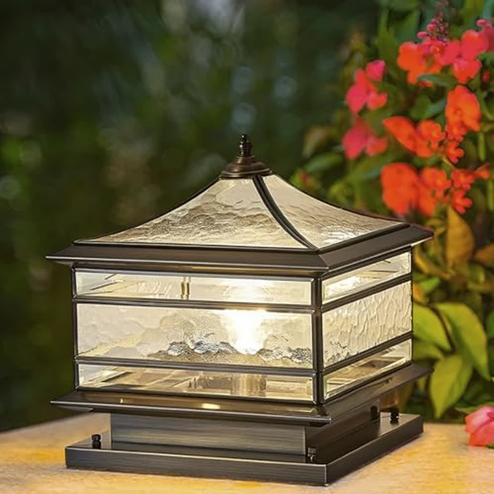 All Copper Steel Glass Outdoor Post lights, Waterproof Pillar Light, Vintage Patio Lawn Column Lamp,outdoor column lights,Deck Lights, Lantern Fence Lamp Fixture E26 Base (Wiring E26 Base, 10X10in) by JHOTEC - Image 2