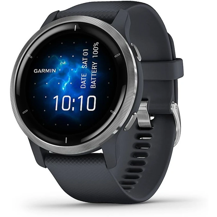 Garmin Venu 2 Smartwatch - 45mm - Silver Fiber-reinforced Polymer Case with Granite Blue Silicone Silicone Strap by Garmin - Image 2