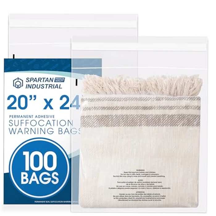 Spartan Industrial - 20" X 24" (100 Count) Self-Seal Clear Poly Bags With Suffocation Warning for Packaging, Bedding, Costumes - Permanent Adhesive by Spartan Industrial - Image 1