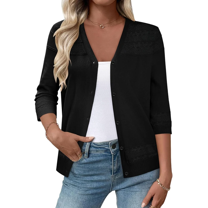 Lightweight Cardigans for Women Black Summer Cover Up Knit 3/4 Sleeve Sweater V Neck 2X by ONLYSHE - Used - Like New condition - US$21.65