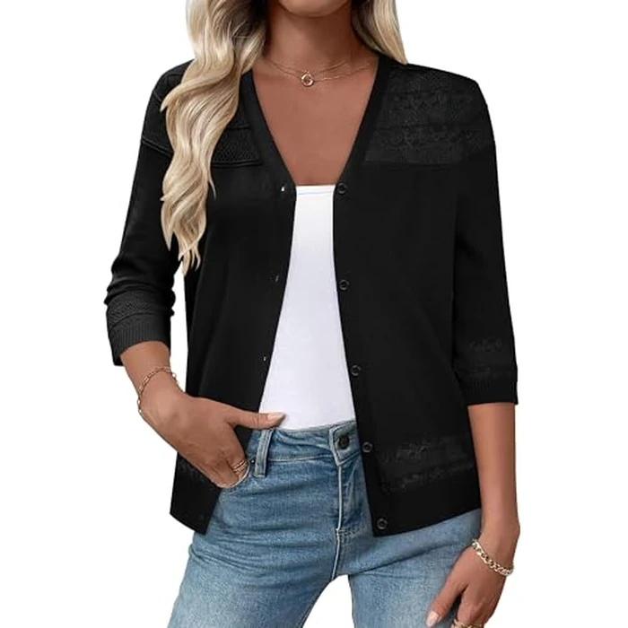 Lightweight Cardigans for Women Black Summer Cover Up Knit 3/4 Sleeve Sweater V Neck 2X by ONLYSHE - Image 2