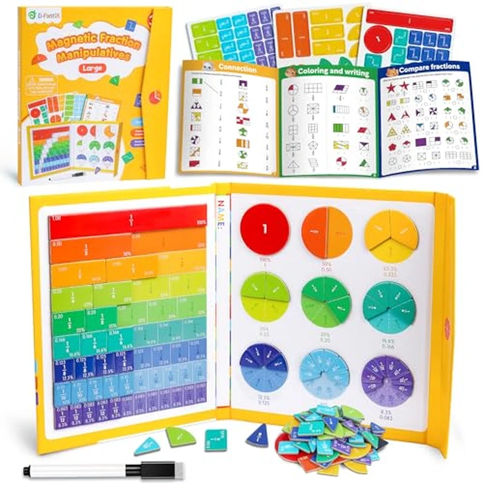 D-FantiX Large Magnetic Fraction Book, Magnetic Fraction Tiles & Fraction Circles Set with Dry Erase Activity Card, Montessori Fraction Manipulatives Learning Toys for Kids by D-FantiX - Used - Like New condition