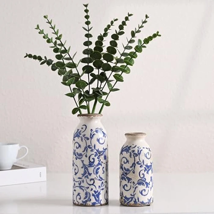 VICTOR & TERESA Blue and White Ceramic Vases Home Decor, Farmhouse Vase for Flowers, Flower Vase Set of 2, Rustic Decorative Vases for Pampas Grass, Table, Living Room, Shelf, Centerpieces, 8 inch by VICTOR & TERESA - Image 2