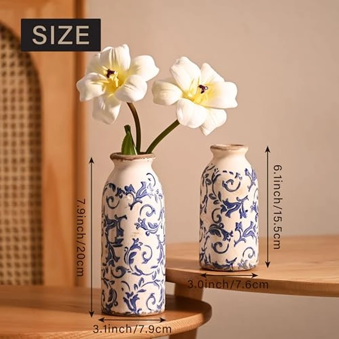 VICTOR & TERESA Blue and White Ceramic Vases Home Decor, Farmhouse Vase for Flowers, Flower Vase Set of 2, Rustic Decorative Vases for Pampas Grass, Table, Living Room, Shelf, Centerpieces, 8 inch by VICTOR & TERESA - Image 4