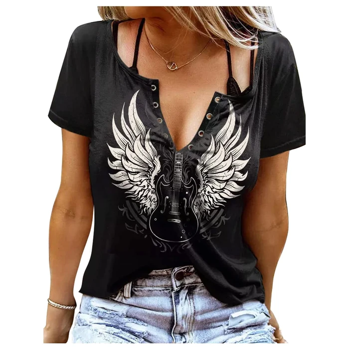 Smooth As Tennessee Whiskey Sweet As Strawberry Wine Shirt Womens Sexy V-Neck T Shirts Country Music Short Sleeve Tees(Guitar/Black,S) by GREFLYING - Used - Acceptable condition