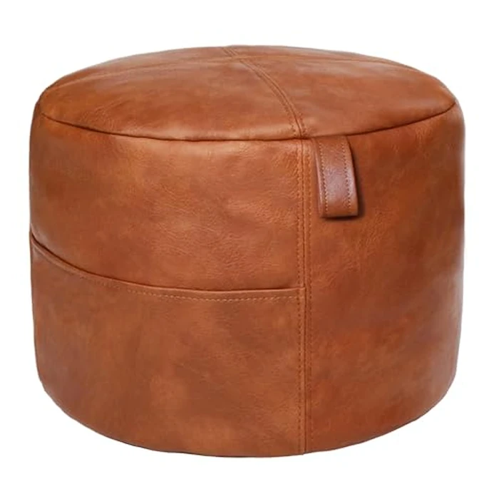 Thgonwid Unstuffed Faux Leather Pouf Cover Handle, Footstool Ottoman Storage Solution, Floor Footrest Cushion, 16.5”Dx12”H, No Filler, (Pocket-Handle) Amaretto by Thgonwid - Used - Good condition