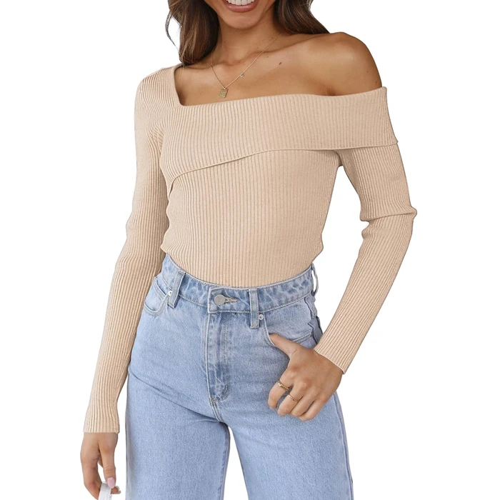 LILLUSORY Womens Off The Shoulder Sweaters Going Out Fall Sexy Knit Pullover Lightweight Asymmetrical Tops Clothes 2026 Apricot S by LILLUSORY - Used - Like New condition