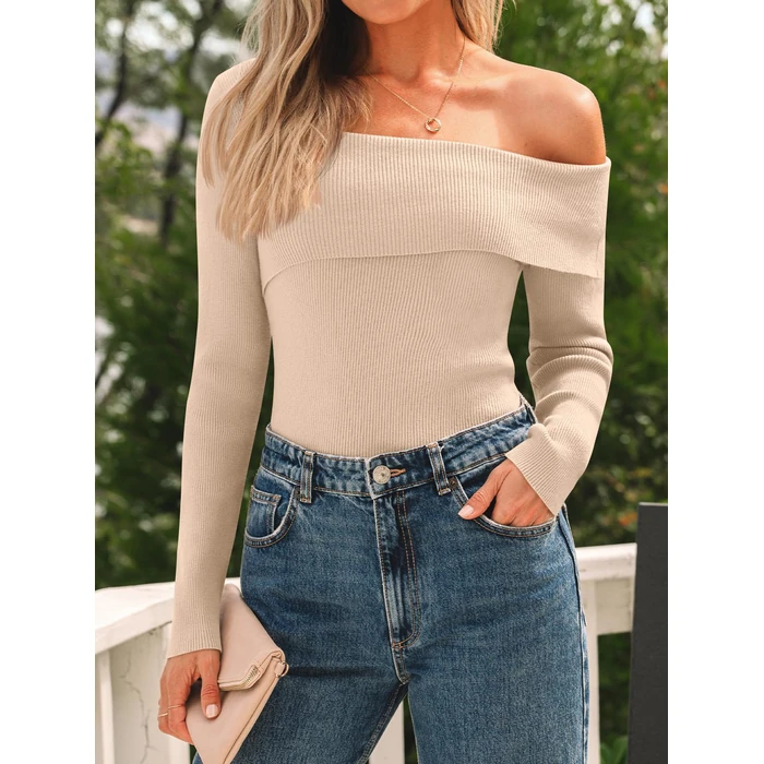 LILLUSORY Womens Off The Shoulder Sweaters Going Out Fall Sexy Knit Pullover Lightweight Asymmetrical Tops Clothes 2026 Apricot S by LILLUSORY - Image 2