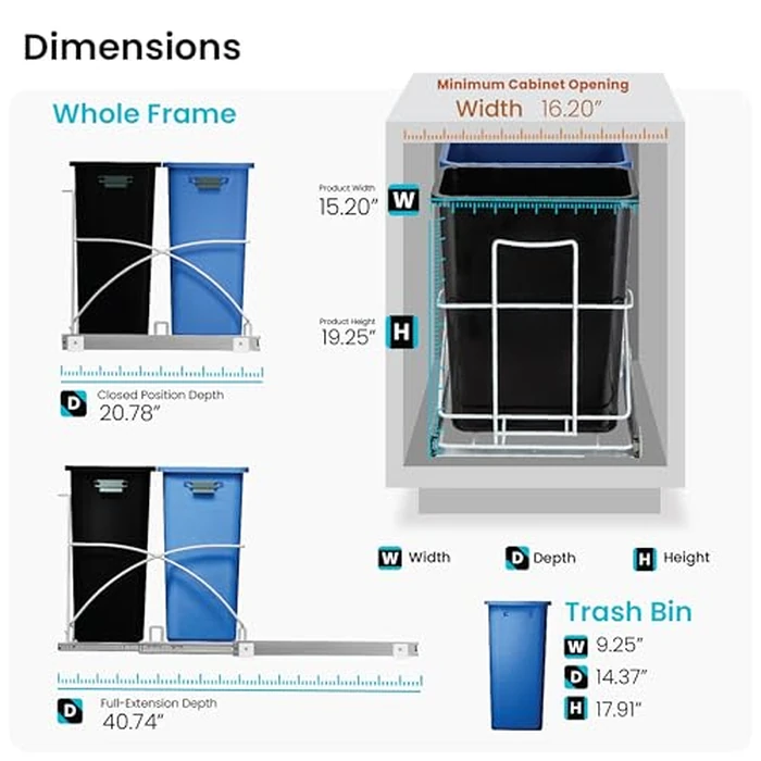Home Zone Living 15.3 Gallon Pull Out Dual Trash Can for Recycling and Trash, Under Cabinet Design, 58 Liter Total Capacity by Home Zone Living - Image 3