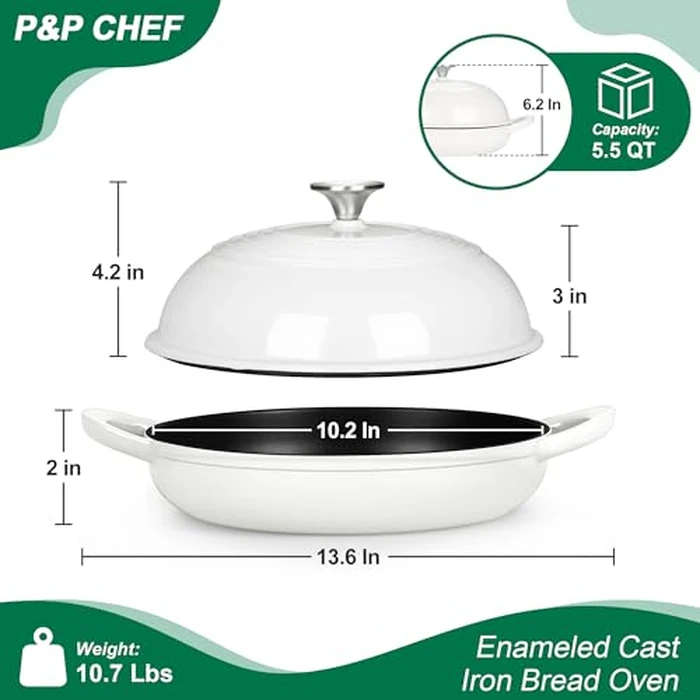 P&P CHEF Bread Dutch Oven for Sourdough, 5.5 Quart Enameled Cast Iron Dutch Oven Pot with Lid for Homemade Bread Baking, Easy to Clean & Even Heat, White by P&P CHEF - Image 2