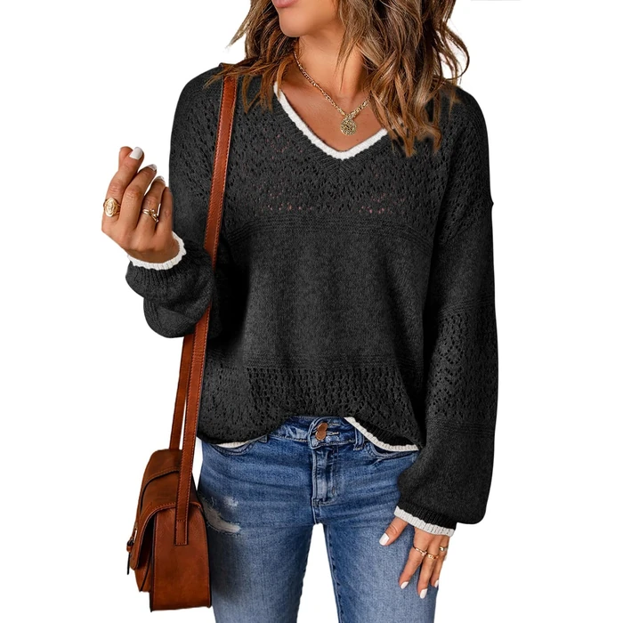 SHEWIN Women's Sweaters Casual Lightweight Long Sleeve Hollow Out Sweater Womens Tops V Neck Cable Knit Pullover Spring Outfits for Women 2025 B Black White Large by SHEWIN - Used - Like New condition - US$19.05