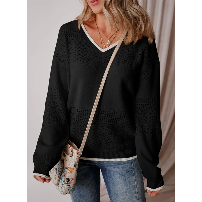 SHEWIN Women's Sweaters Casual Lightweight Long Sleeve Hollow Out Sweater Womens Tops V Neck Cable Knit Pullover Spring Outfits for Women 2025 B Black White Large by SHEWIN - Image 3