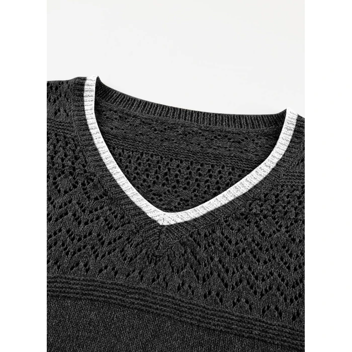 SHEWIN Women's Sweaters Casual Lightweight Long Sleeve Hollow Out Sweater Womens Tops V Neck Cable Knit Pullover Spring Outfits for Women 2025 B Black White Large by SHEWIN - Image 5