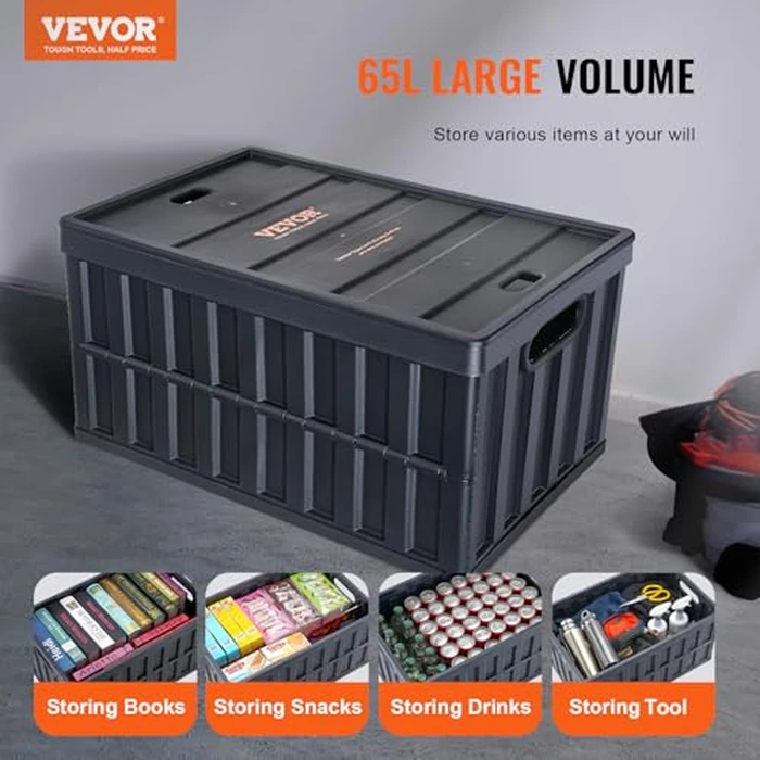 VEVOR Collapsible Storage Bins with Lids, 65L 3 Packs, Folding Plastic Stackable Utility Crates with Handles, Large Heavy Duty Containers for Clothes, Toys, Books, Snack, Shoes, and Grocery Organizing by VEVOR - Image 2