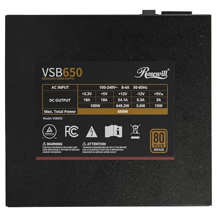 Rosewill VSB 650W 80+ Bronze, ATX 3.0 & 3.1 Compatible, Semi-Modular Power Supply, PCIe 5.1 12V-2x6 Connector, 105 degreesC/221 degreesF Japanese Capacitor, 120mm ICB Silent Fan - 5 Year Warranty by Rosewill - Image 7