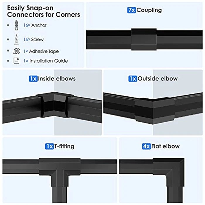 Yecaye Cable Concealer, 125 Inches Large Size Cord Cover Raceway Kit, Paintable Wire Hider for Wall Mount TV, Cable Hider Channel for Home Office, 8PCS, Each L15.7 X W1.18 X H0.6 inches,Black by Yecaye - Image 5