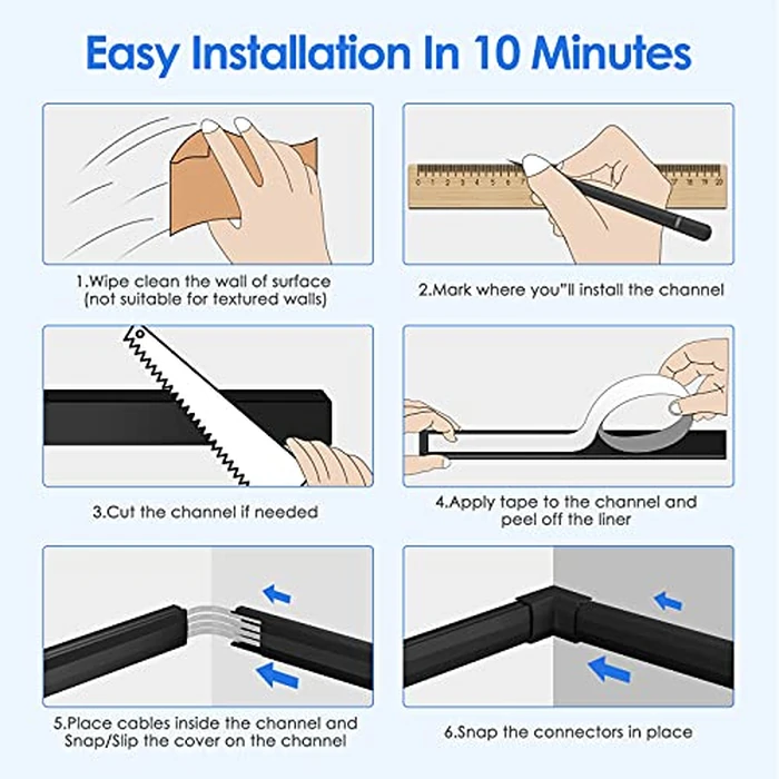 Yecaye Cable Concealer, 125 Inches Large Size Cord Cover Raceway Kit, Paintable Wire Hider for Wall Mount TV, Cable Hider Channel for Home Office, 8PCS, Each L15.7 X W1.18 X H0.6 inches,Black by Yecaye - Image 6