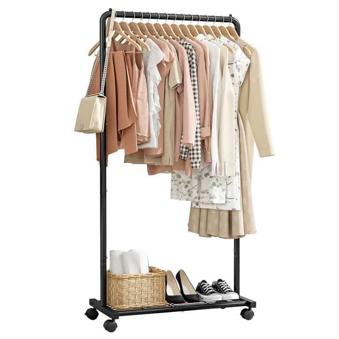 Sakugi Clothing Rack - Movable Multi-Functional Coat Rack with 4 Universal Wheels, Long-Lasting Metal Clothes Rack with Extra Storage Shelf for Bedroom, Office, Laundry(Black, 73W x 43.5D x 150H cm) by Sakugi - Used - Acceptable condition