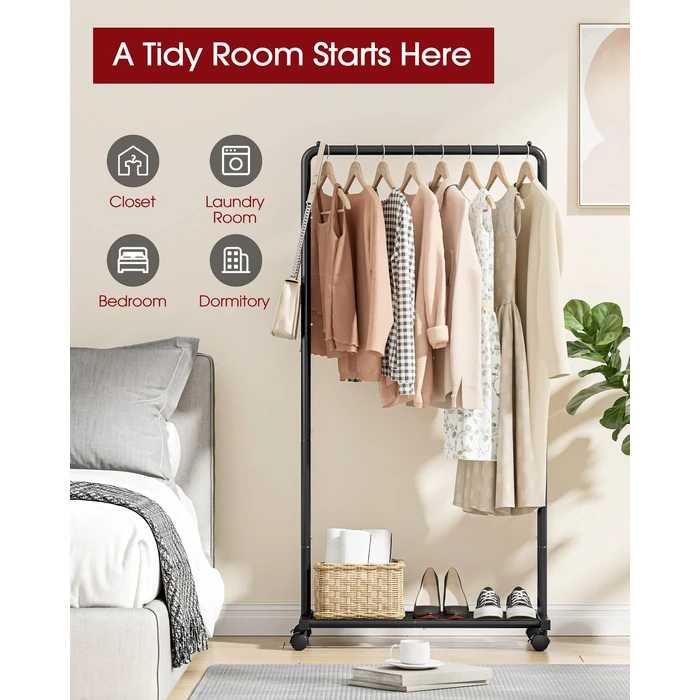 Sakugi Clothing Rack - Movable Multi-Functional Coat Rack with 4 Universal Wheels, Long-Lasting Metal Clothes Rack with Extra Storage Shelf for Bedroom, Office, Laundry(Black, 73W x 43.5D x 150H cm) by Sakugi - Image 4