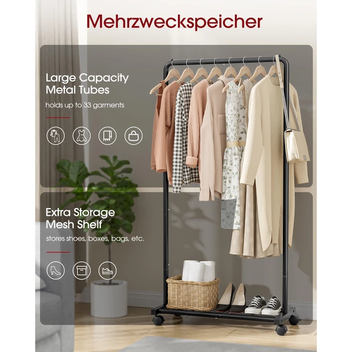 Sakugi Clothing Rack - Movable Multi-Functional Coat Rack with 4 Universal Wheels, Long-Lasting Metal Clothes Rack with Extra Storage Shelf for Bedroom, Office, Laundry(Black, 73W x 43.5D x 150H cm) by Sakugi - Image 6