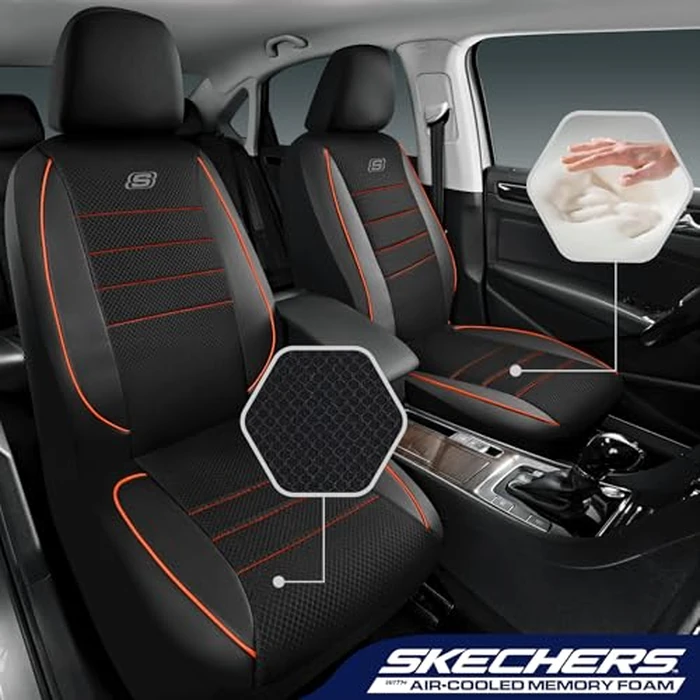 Skechers Air-Cooled Memory Foam Seat Covers,Mesh Thick Car Seat Covers,Piping Leather Car Seat Covers Front Seats,Airbag Compatible,Automotive Comfort Universal FitMost Cars,Vans,Truck,SUV,Orange by Skechers - Image 2
